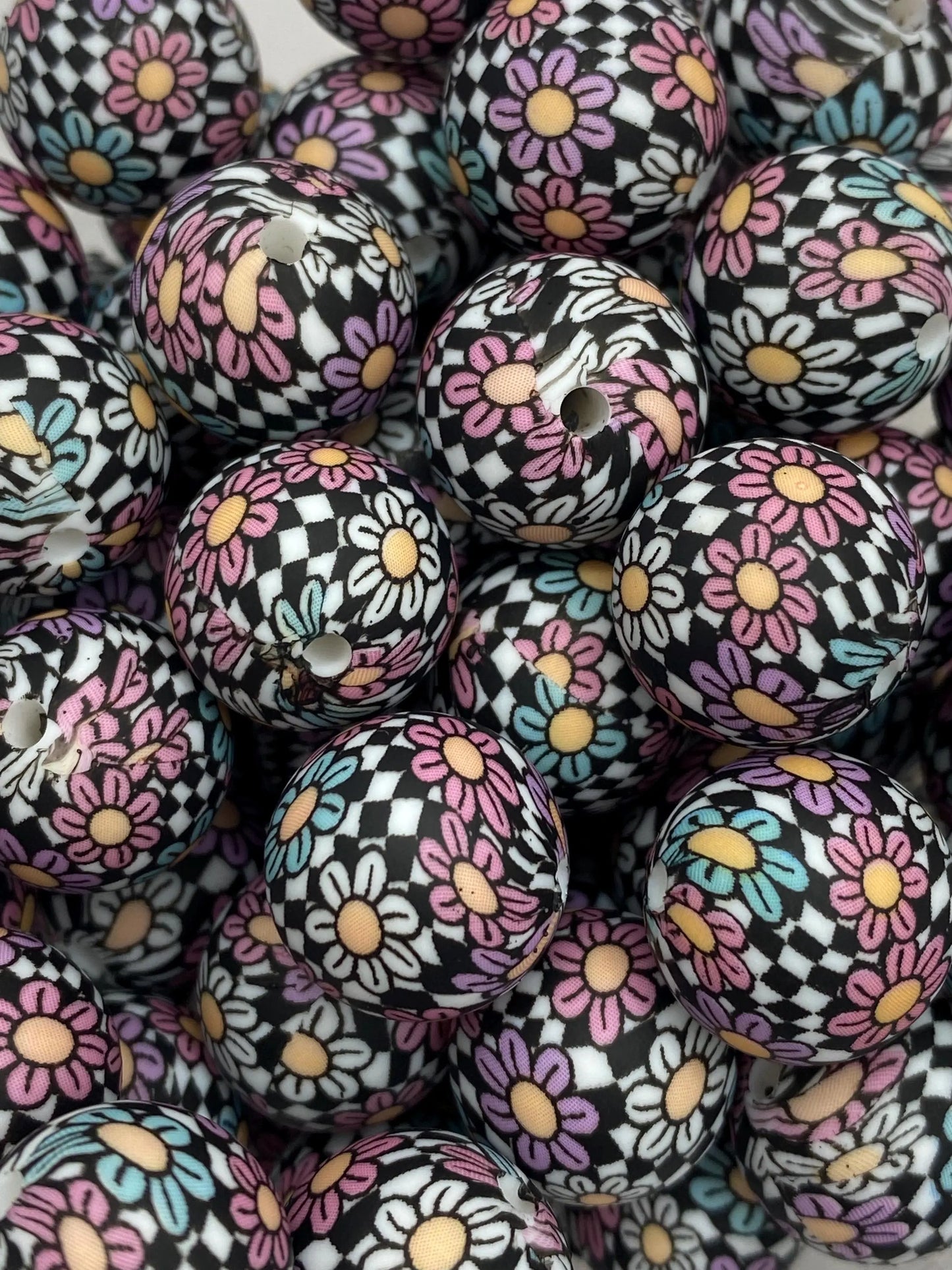 Flower Checkered Print Silicone Beads