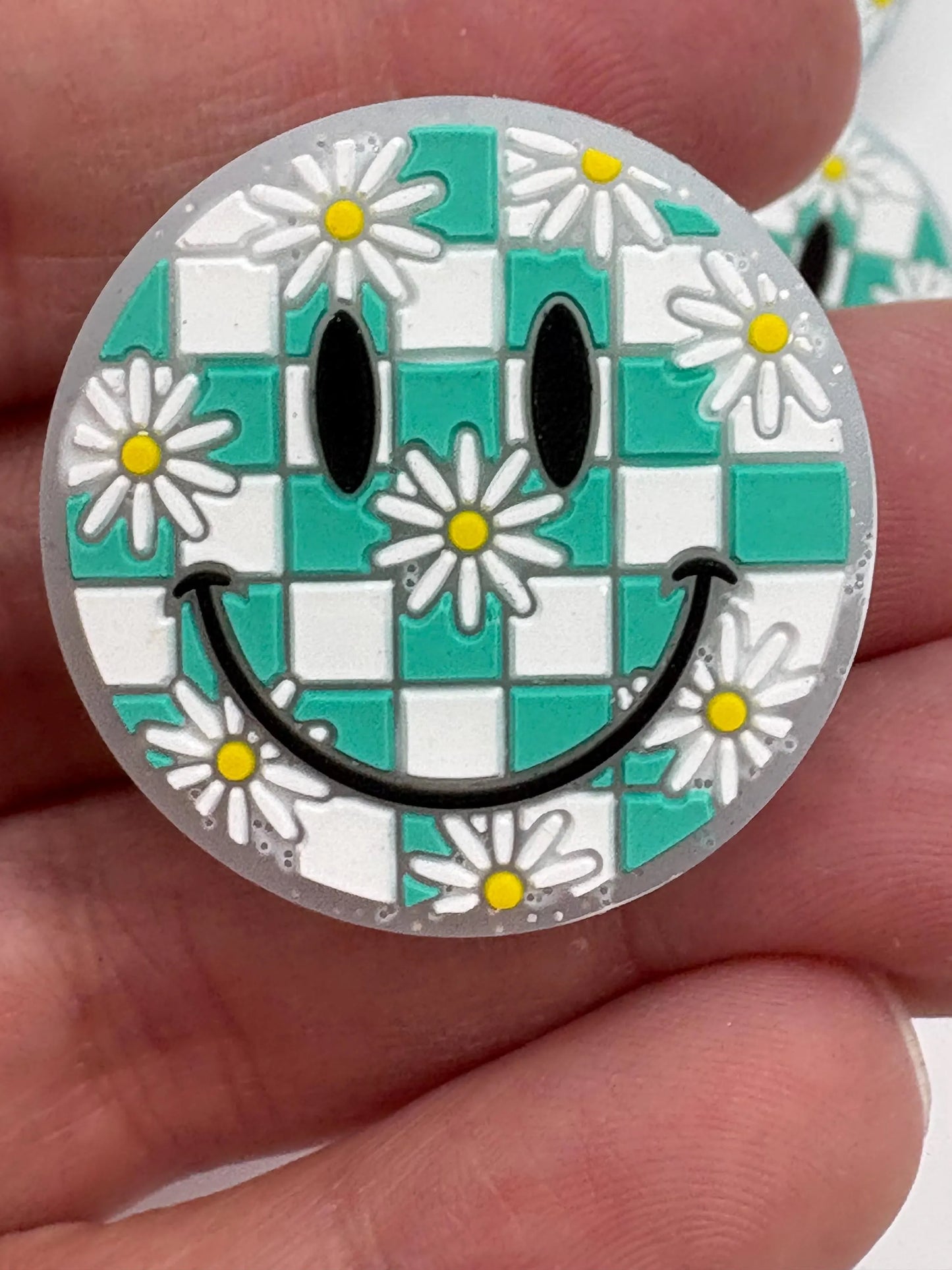 Smiley Face Checkered Silicone Focal Bead- teal