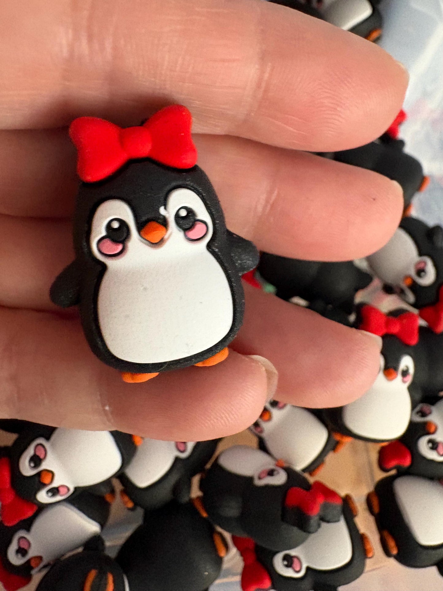 Penguin With Red Bow 3D Silicone Focal Bead