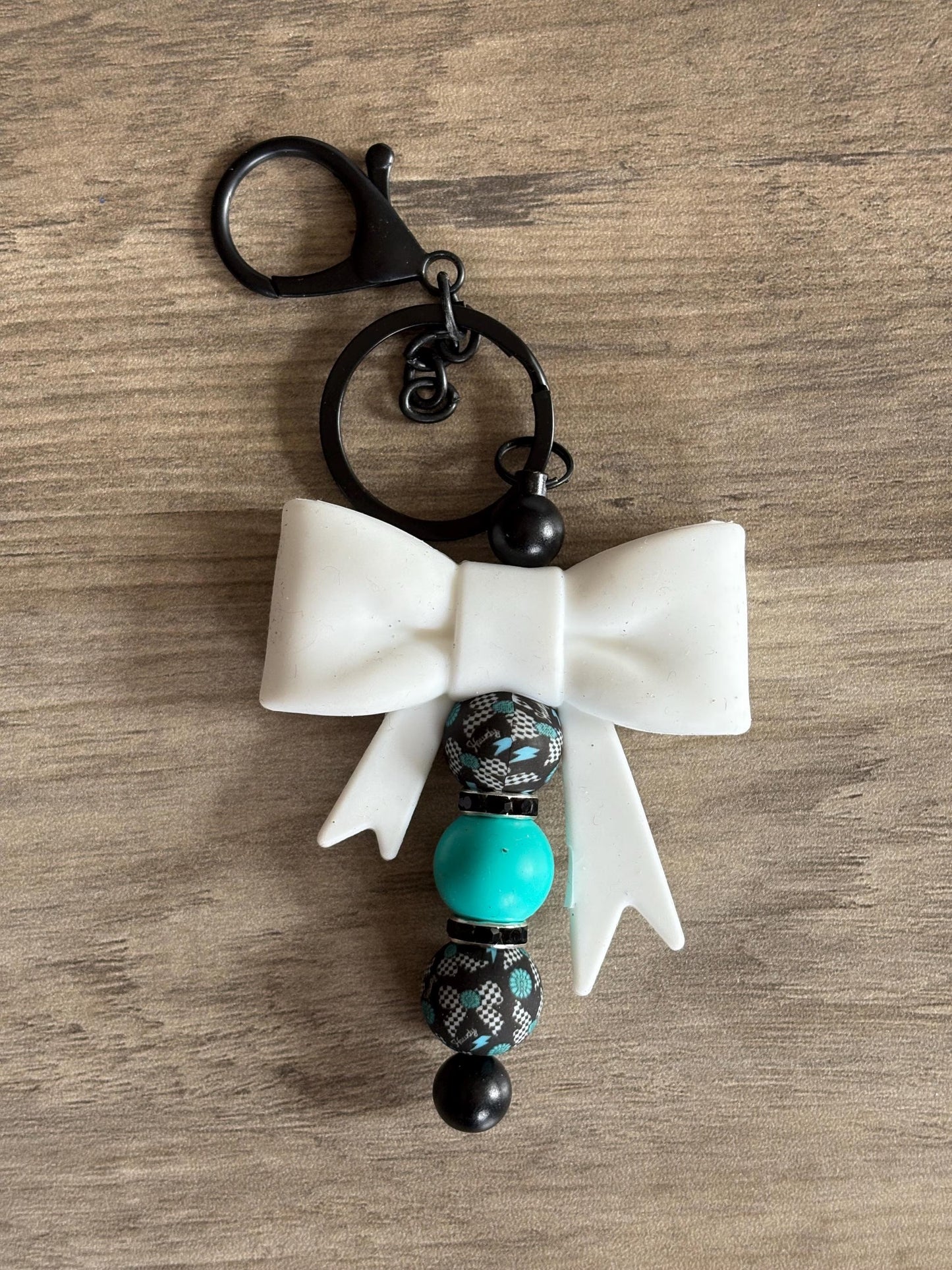 White and Turquoise Bow Keychain
