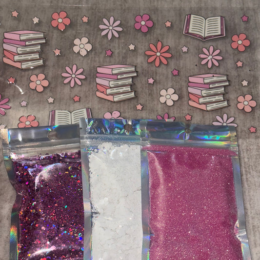 Books and Flowers UV DTF 16oz cup wrap and Glitter Bundle