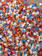 Load image into Gallery viewer, Red White and Blue  Polymer Clay Sprinkles and flags 5mm.  0.5 oz bag
