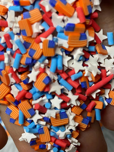 Red White and Blue  Polymer Clay Sprinkles and flags 5mm.  0.5 oz bag