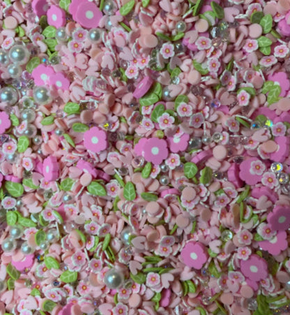 Pink Flower Polymer Clay Sprinkles, Pearls and Rhinestones