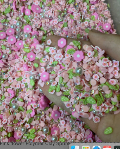 Pink Flower Polymer Clay Sprinkles, Pearls and Rhinestones