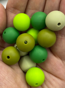 Green Mix - Solid Round  Silicone Beads - 15mm - 50 Beads