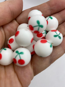 10 Cherry  Pattern  Silicone Beads - 15mm