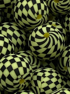 10 Yellow Checkered  Print Silicone Beads - 15mm