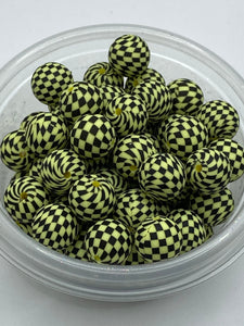 10 Yellow Checkered  Print Silicone Beads - 15mm
