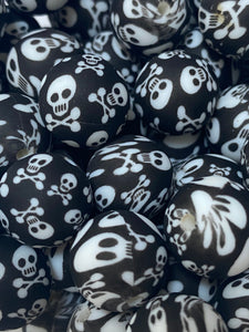 10 Skull and Bones Print Silicone Beads - 15mm