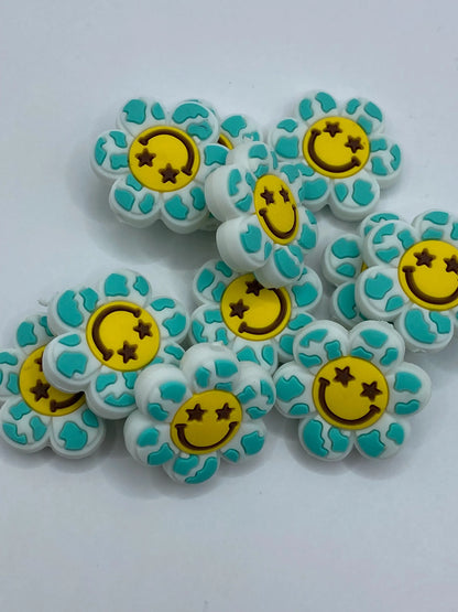 Smile Face Flower Silicone Focal Bead- teal