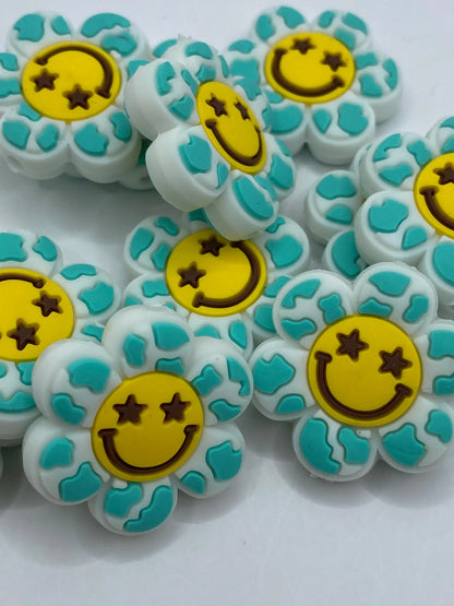 Smile Face Flower Silicone Focal Bead- teal