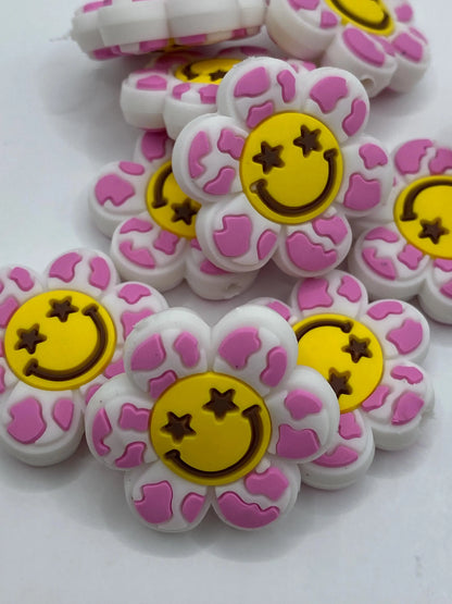 Smile Face Flower Silicone Focal Bead- pink