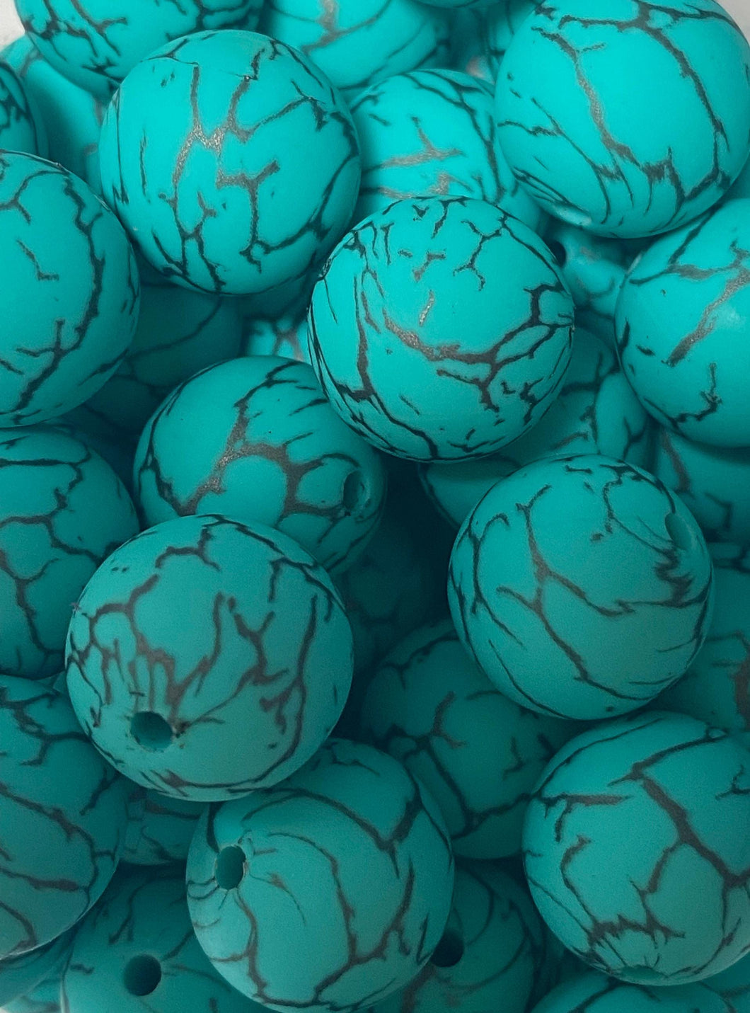 10 Turquoise Crackle Print  Silicone Beads - 15mm