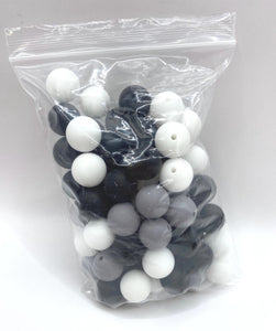 Black/Gray/White Mix - Solid Round  Silicone Beads - 15mm - 50 Beads