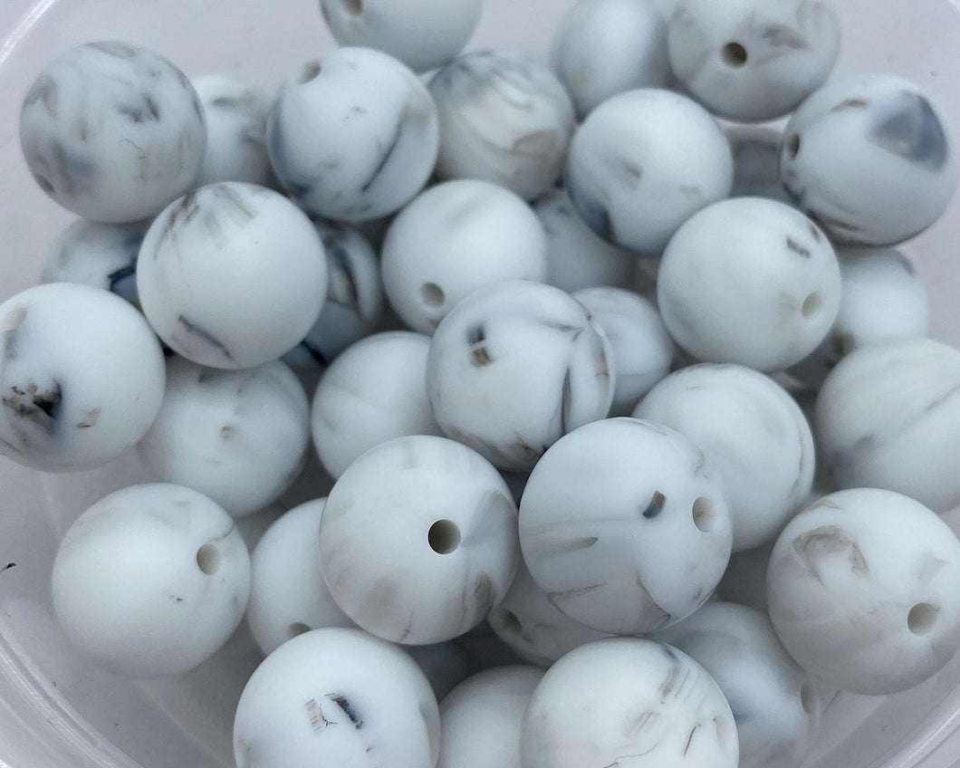 10 White/Gray Marble Silicone Beads - 15mm