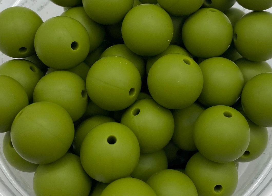 10 Army Green Solid Round  Silicone Beads - 15mm