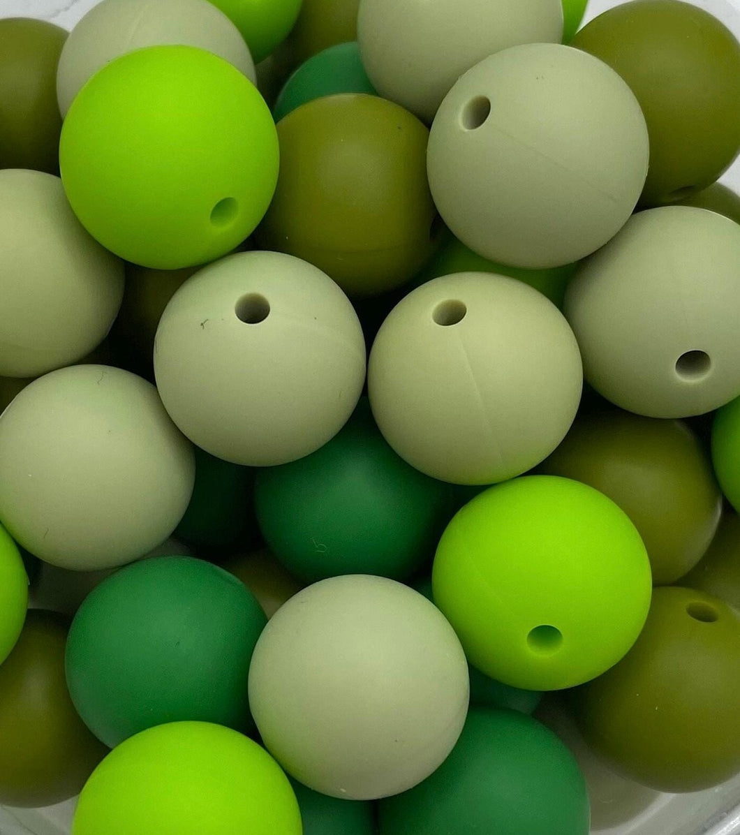 Green Mix - Solid Round  Silicone Beads - 15mm - 50 Beads