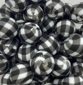 10 Black/White Plaid Silicone Beads - 15mm