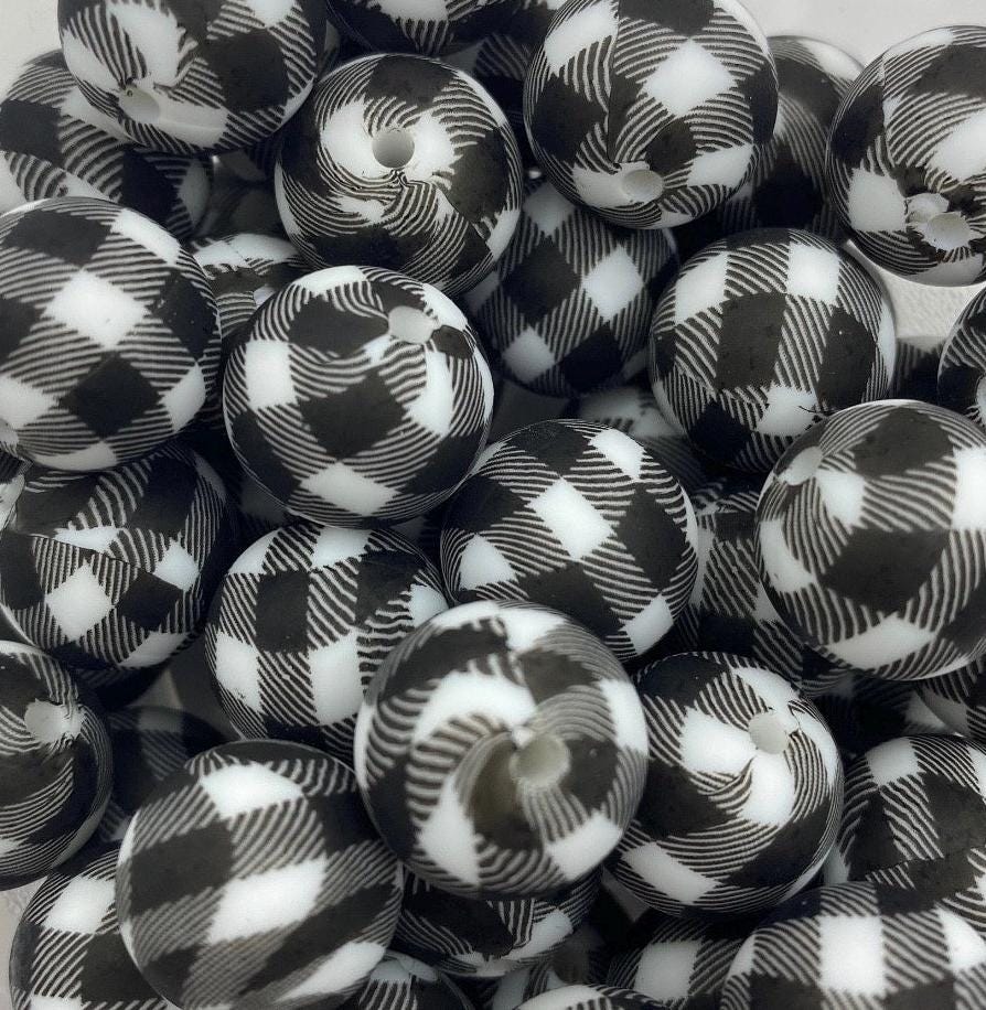 10 Black/White Plaid Silicone Beads - 15mm