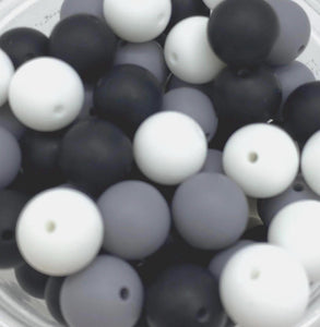 Black/Gray/White Mix - Solid Round  Silicone Beads - 15mm - 50 Beads
