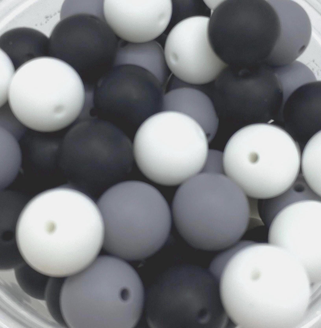 Black/Gray/White Mix - Solid Round  Silicone Beads - 15mm - 50 Beads