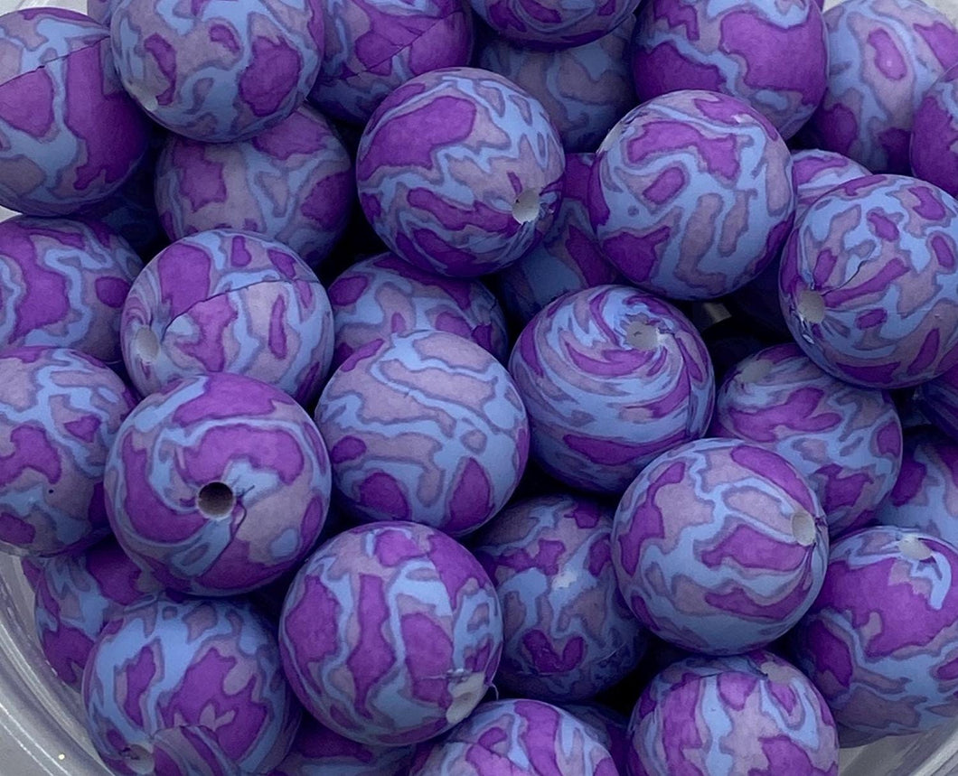 10 Purple Print Silicone Beads - 15mm
