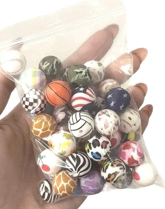 Mixed Bag of Print Silicone Beads - 15mm - 50 Beads