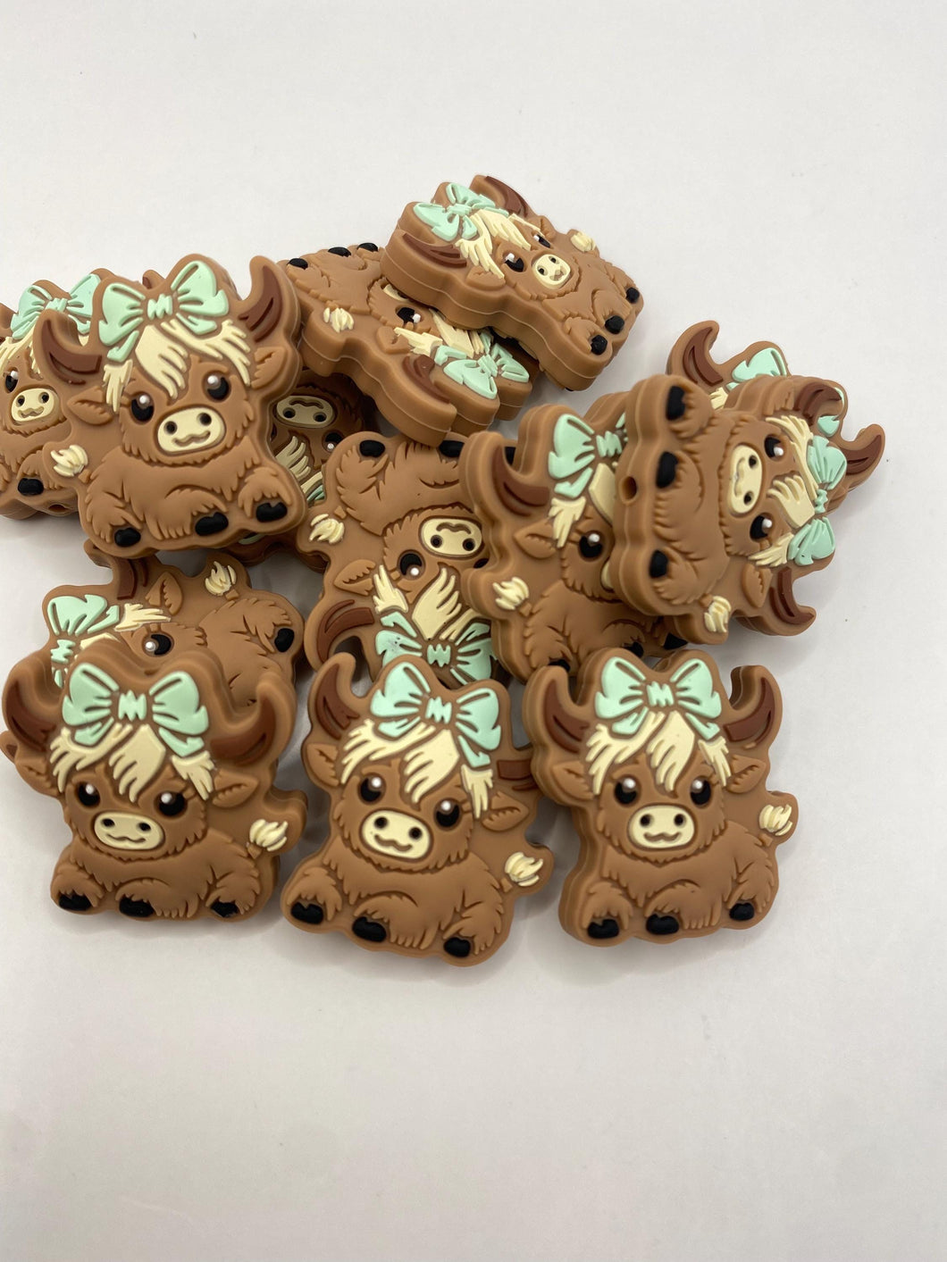 Highland Cow With Mint Green Bow  Silicone Focal Bead