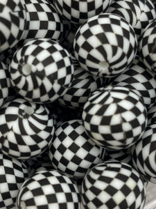 10 Black and White Checkered  Print Silicone Beads - 15mm