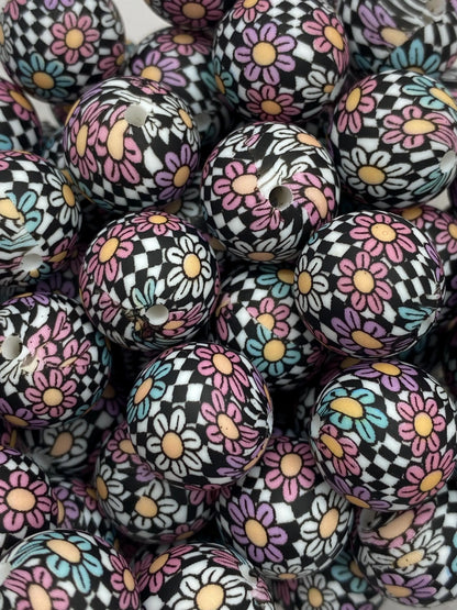 Flower Checkered  Print Silicone Beads
