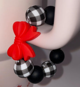 Black Plaid  with Red Bow Beaded Cup Charm - cup handle charm - tumbler charm - accessories