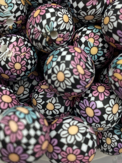 Flower Checkered  Print Silicone Beads