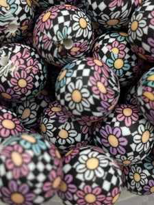 10 Flower Checkered Print Silicone Beads - 15mm