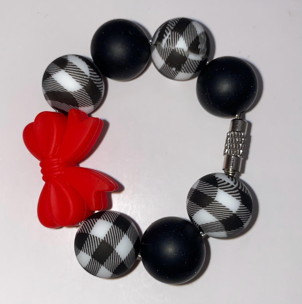 Black Plaid  with Red Bow Beaded Cup Charm - cup handle charm - tumbler charm - accessories