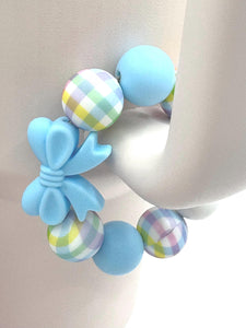 Light Blue Bow Plaid Beaded Cup Charm - cup handle charm - tumbler charm - accessories