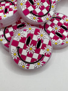 Smiley Face Checkered Silicone Focal Bead- pink