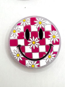 Smiley Face Checkered Silicone Focal Bead- pink