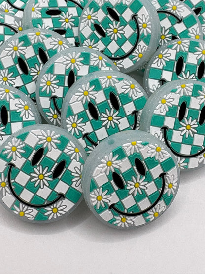 Smiley Face Checkered Silicone Focal Bead- teal