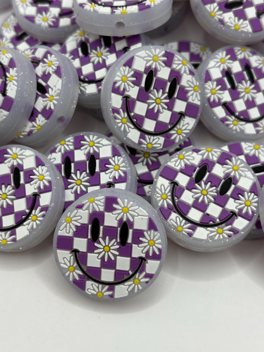 Smiley Face Checkered Silicone Focal Bead- purple
