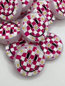 Smiley Face Checkered Silicone Focal Bead- pink