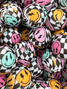 10 Checkered Smiley Print Silicone Beads - 15mm