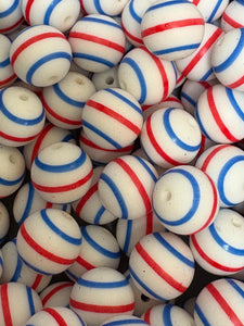 Red White Blue Striped  Silicone Beads - 15mm 10Ct
