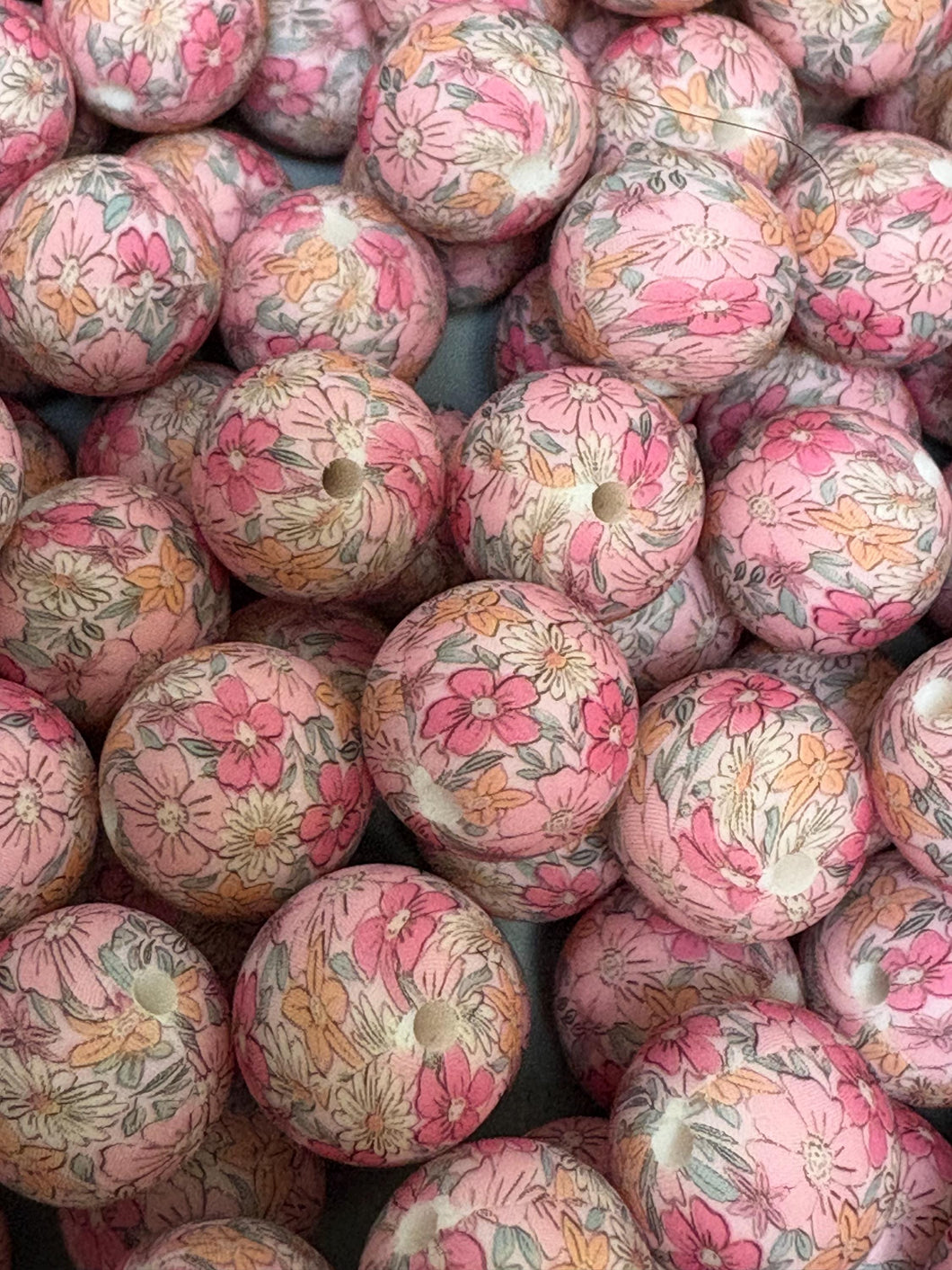 Pink Flower Print Silicone Beads - 15mm 10Ct