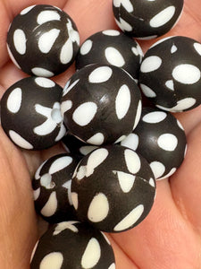 Black and White Polka Dot  Print  Silicone Beads - 15mm- 10 CT
