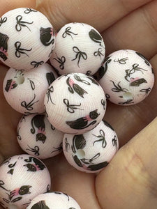 Black Cat and Bows Print Silicone Beads - 15mm - 10 CT