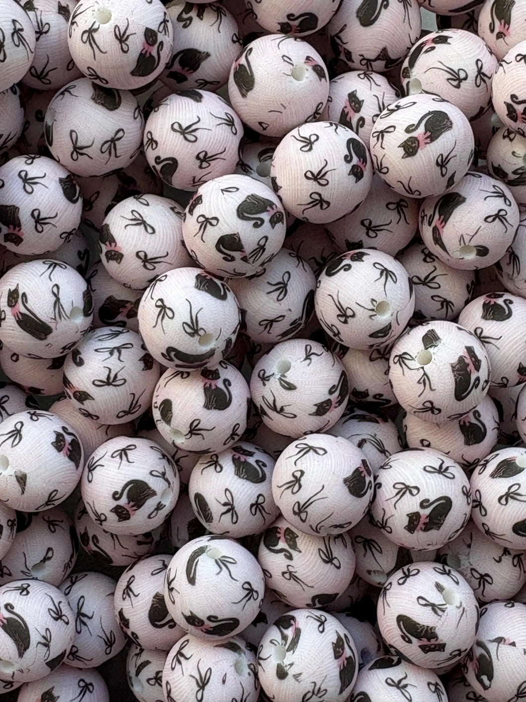 Black Cat and Bows Print Silicone Beads - 15mm - 10 CT