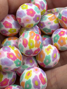Flower Print Silicone Beads - 15mm - 10 CT