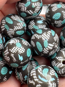 Turquoise and Black Bow Print Silicone Beads - 15mm - 10 CT