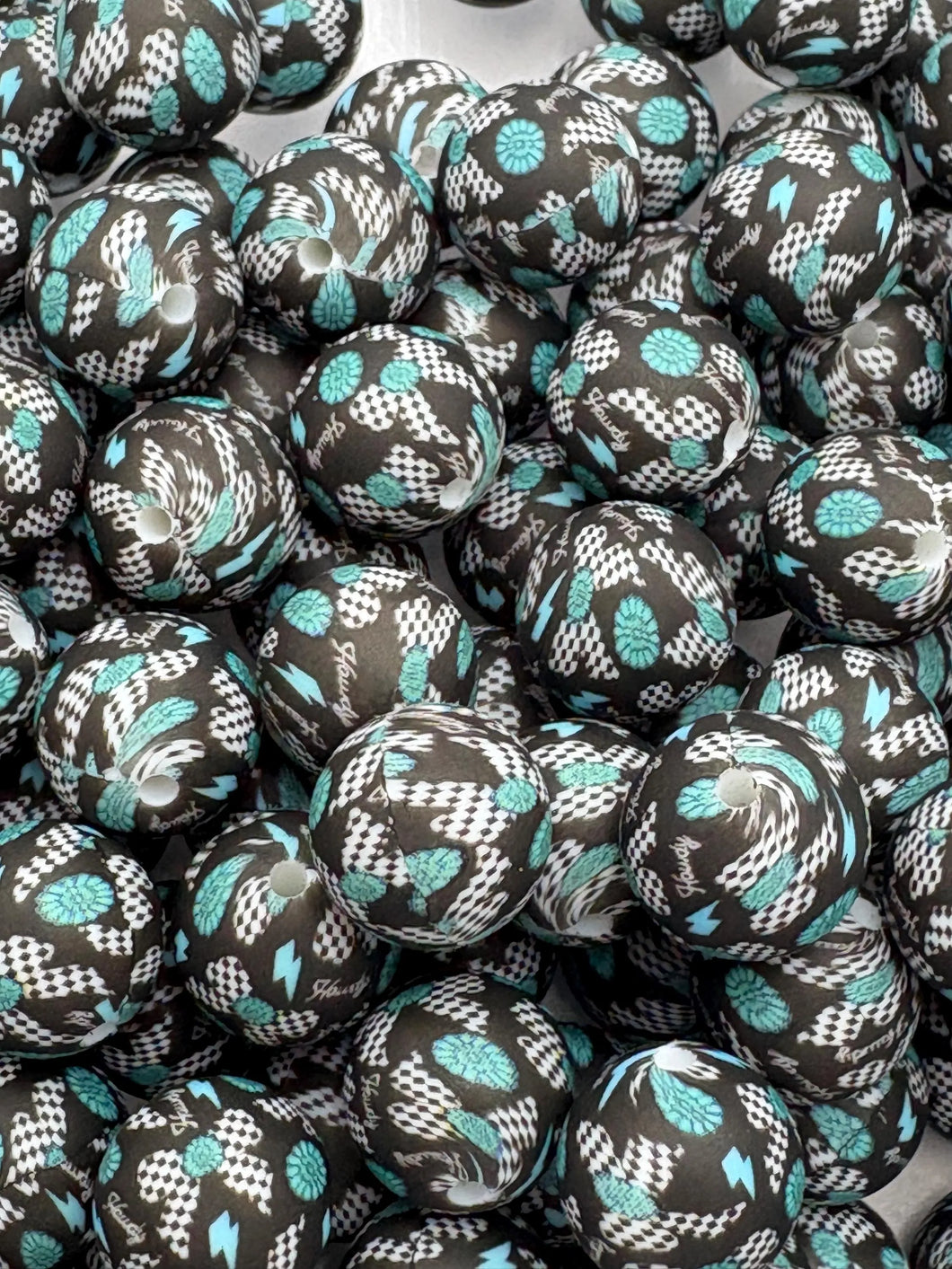 Turquoise and Black Bow Print Silicone Beads - 15mm - 10 CT